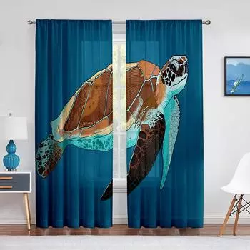Тюль с изображением морских черепах для украшения гостиной, морские животные, чернильно-синяя шифоновая вуаль, занавеска для кухни и спальни 1 PCS W100XH250cm&Rod Pocket
