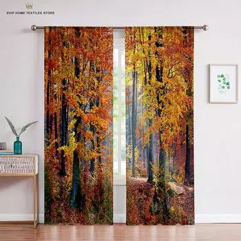 Тюль с изображением осеннего леса для гостиной, декор спальни, осенние деревья, природные пейзажи, прозрачная вуаль W50X130H(CM)X2PCS&Grommet Top