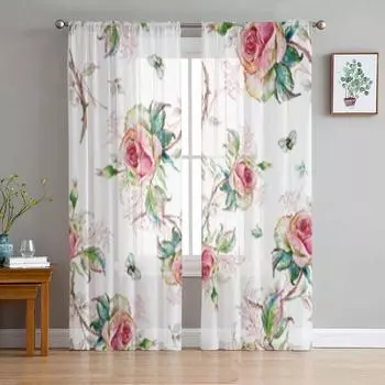 Тюль с рисунком розы и пчелой, оконная занавеска для гостиной, спальни, вуаль, прозрачные шторы, кухонные шторы, занавески 135W x 114H(cm)