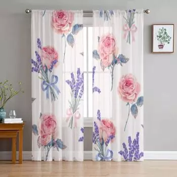 Тюль с розами и лавандой, оконная занавеска для гостиной, спальни, вуаль, прозрачные шторы, кухонные шторы, занавески 135W x 114H(cm)