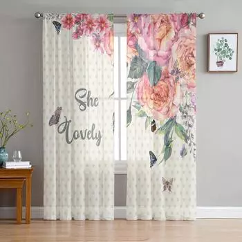 Тюль с волнистыми точками, цветами, розами, бабочками, прозрачные шторы для гостиной, кухни, детской спальни, вуаль, подвесная занавеска W135 x H114cm