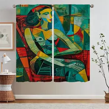 Тюль в стиле Пикассо в кухонных занавесках, элегантных комнатных занавесках, салонных 2-х дешевых элементах, карнизах, затемняющих перегородках, оконных жалюзи W50xH70cmx2pcs-CL