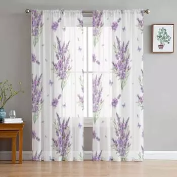 Тюлевая оконная занавеска с акварельными цветами лаванды для гостиной, спальни, вуаль, прозрачные шторы, кухонные шторы, занавески 135W x 114H(cm)