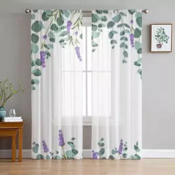 Тюлевая оконная занавеска с эвкалиптом и цветами лаванды для гостиной, спальни, вуаль, прозрачные шторы, кухонные шторы, занавески 135W x 114H(cm)