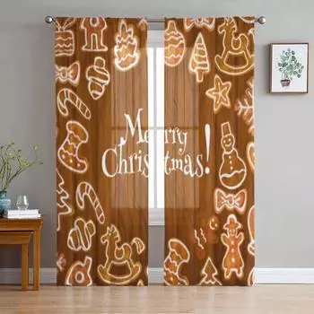 Тюлевая оконная занавеска с рождественским печеньем для гостиной, спальни, вуаль, прозрачные шторы, кухонные шторы, занавески 135W x 114H(cm)