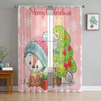 Тюлевая оконная занавеска с рождественской елкой и лисой для гостиной, спальни, вуаль, прозрачные шторы, кухонные шторы, занавески 135W x 114H(cm)