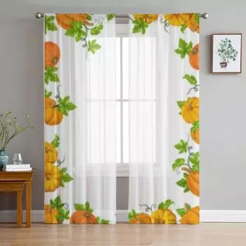 Тюлевая оконная занавеска с тыквой и зелеными листьями для гостиной, спальни, вуаль, прозрачные шторы, кухонные шторы, занавески 135W x 114H(cm)