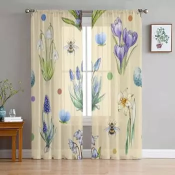 Тюлевая оконная занавеска с весенним цветочным узором для гостиной, спальни, вуаль, прозрачные шторы, кухонные шторы, занавески 135W x 114H(cm)
