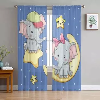 Тюлевая оконная занавеска со слонами на луне и звездах для гостиной, спальни, вуаль, прозрачные шторы, кухонные шторы, занавески 135W x 114H(cm)