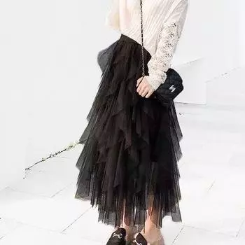Тюлевая юбка женская длинная сетчатая юбка весна-лето черная розовая сетчатая пряжа плиссированная юбка с высокой талией женская one size белый