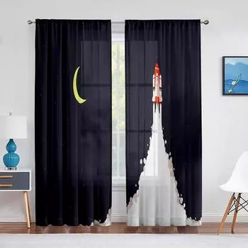 Тюлевая вуаль с изображением ракеты, галактики и Луны, прозрачная занавеска на космическое окно для детей, мальчиков, спальня, гостиная, шторы из органзы 1 PCS W100XH250cm&Rod Pocket