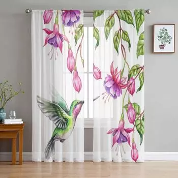 Тюлевая занавеска «Колибри» с фиолетовыми цветами и листьями для гостиной, прозрачная занавеска с балдахином для кухни, спальни, оконные шторы 135W x 114H(cm)