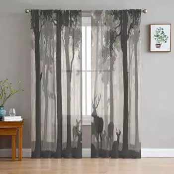 Тюлевая занавеска «Лес и олень» на естественном фоне для гостиной, спальни, вуаль, прозрачные шторы, кухонные шторы, занавески 135W x 114H(cm)