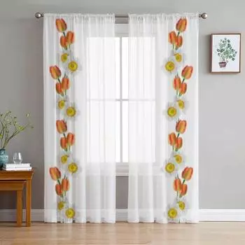 Тюлевая занавеска с цветами тюльпана и ромашки для гостиной, прозрачная занавеска с балдахином для кухни, спальни, оконные шторы 135W x 114H(cm)