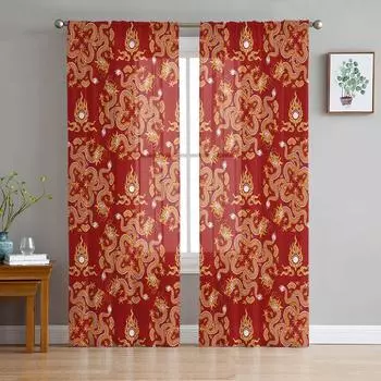 Тюлевая занавеска с драконом на красном фоне для гостиной, спальни, кухни, украшение, вуаль, тюлевая занавеска 135W x 114H(cm)