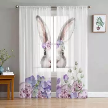 Тюлевая занавеска с кроликом и цветами для гостиной, прозрачная занавеска с балдахином для кухни, спальни, оконные шторы 135W x 114H(cm)