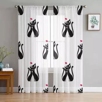 Тюлевая занавеска с милым котом для гостиной, прозрачная занавеска с балдахином для кухни, спальни, оконные шторы 135W x 114H(cm)