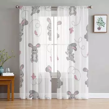 Тюлевая занавеска с милым мультяшным кроликом и бабочками для гостиной, прозрачная занавеска с балдахином для кухни, спальни, оконные шторы 135W x 114H(cm)