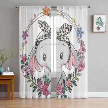 Тюлевая занавеска с милым слоном и цветочным венком для гостиной, прозрачная занавеска с балдахином для кухни, спальни, оконные шторы 135W x 114H(cm)