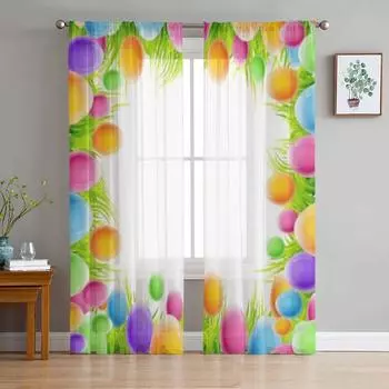Тюлевая занавеска с пасхальным яйцом для гостиной, прозрачная занавеска с балдахином для кухни, спальни, оконные шторы 135W x 114H(cm)