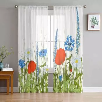 Тюлевая занавеска с полем с цветами и травой для гостиной, прозрачная занавеска с балдахином для кухни, спальни, оконные шторы 135W x 114H(cm)
