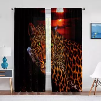 Тюлевая занавеска с принтом леопарда и гепарда в африканском стиле для гостиной, спальни, кухни, шифоновые прозрачные шторы, декор для окон 1 PCS W100XH250cm&Rod Pocket