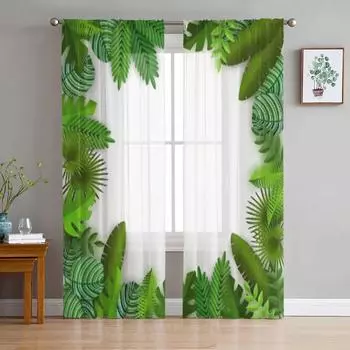 Тюлевая занавеска с тропическими зелеными листьями для гостиной, прозрачная занавеска с балдахином для кухни, спальни, оконные шторы 135W x 114H(cm)