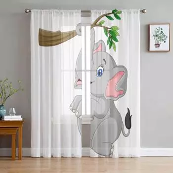Тюлевая занавеска с забавным слоном для гостиной, прозрачная занавеска с балдахином для кухни, спальни, оконные шторы 135W x 114H(cm)