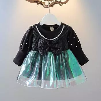 Тюлевое платье для маленьких девочек, пышное платье принцессы Лотиты с длинными рукавами, свадебное пышное платье, вечерние платья с жемчугом, платье-пачка с большим бантом, 0–3 года 100/XL