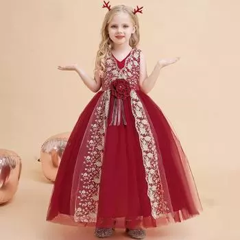 Тюлевое рождественское детское платье подружки невесты для девочек, детское кружевное праздничное платье принцессы на свадьбу, вечерний костюм для выпускного вечера, Vestidos 120 (5T) темно-красного