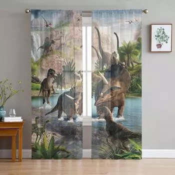 Тюлевые оконные шторы с изображением динозавра Юрского периода, занавеска из органзы для гостиной, прозрачная вуаль, занавеска для спальни, кухни, домашний декор, драпировка W135 x H115cm x1