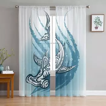 Тюлевые оконные шторы с изображением животных, синей головы-молота и акулы, гостиная, пряжа из органзы, прозрачная вуаль, занавеска для спальни, кухни, домашний декор, драпировка W135 x H115cm x1