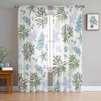 Тюлевые оконные шторы с коралловыми морскими звездами для спальни, роскошный домашний декор, шторы в гостиной, шифоновые панели 135W x 114H(cm)