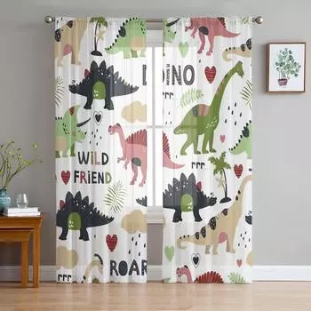 Тюлевые оконные шторы с мультяшными животными и листьями динозавра, прозрачная вуаль из органзы для гостиной, занавеска для спальни, кухни, домашний декор, драпировка W135 x H115cm x1