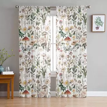 Тюлевые оконные шторы с рисунком гриба и растения, нарисованные вручную, для спальни, роскошный домашний декор, шторы в гостиной, шифоновые панели 135W x 114H(cm)