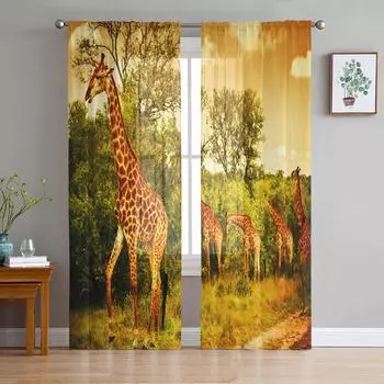 Тюлевые прозрачные оконные шторы с изображением жирафа, луга и заката для гостиной, спальни, современная вуаль, занавески из органзы, портьеры W135 x H115cm x1