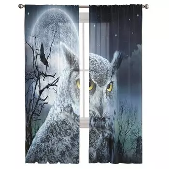 Луна Сова Летучая мышь Ночь Жуткий Лес Тюль Прозрачные Шторы Для Гостиной Спальни Современные Вуаль Органза Шторы Драпировки W135 x H115cm x1