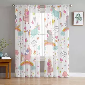 Тюлевые прозрачные оконные шторы с милым единорогом для гостиной, спальни, современные шифоновые вуали, тканевые шторы 135W x 114H(cm)