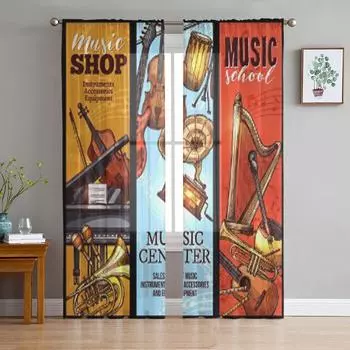 Тюлевые прозрачные оконные шторы с музыкальными инструментами для гостиной, спальни, современная шифоновая вуаль, занавески из органзы, декор, шторы 135W x 114H(cm)