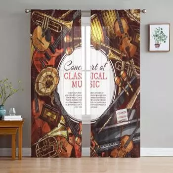 Тюлевые прозрачные оконные шторы с музыкальными инструментами для гостиной, спальни, современная шифоновая вуаль, занавески из органзы, декор, шторы 135W x 114H(cm)