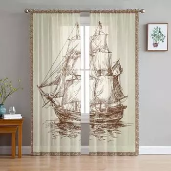 Тюлевые прозрачные оконные шторы с парусным кораблем для гостиной, спальни, современная шифоновая вуаль, занавески из органзы, декор, шторы 135W x 114H(cm)