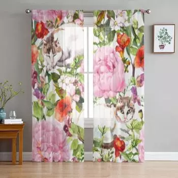 Тюлевые прозрачные шторы с цветком кота, пиона и растения для гостиной, спальни, кухни, украшения, вуаль, шторы из органзы 135W x 114H(cm)