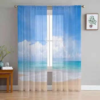 Тюлевые прозрачные шторы с тропическим пляжем и голубым небом для гостиной, спальни, кухни, украшения, вуаль, шторы из органзы 135W x 114H(cm)