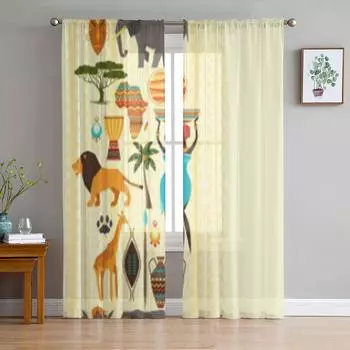 Тюлевые прозрачные шторы со стилизованными иконками в африканском стиле для гостиной, спальни, кухни, украшения, вуаль, шторы из органзы 135W x 114H(cm)