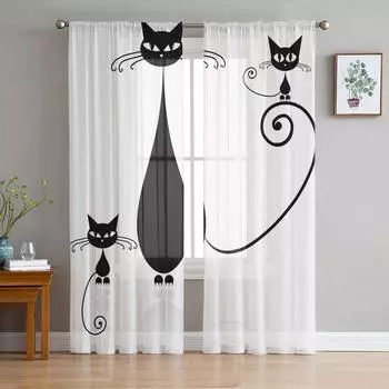 Тюлевые шторы для гостиной, черные милые простые шторы для спальни, кабинета, окна, кухни, балкона, вуали, интерьерные шторы 135W x 114H(cm)