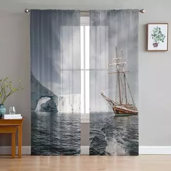 Тюлевые шторы для гостиной, корабль, кубик льда, холодная спальня, кабинет, окно, прозрачные шторы, кухня, балкон, интерьер, вуаль, шторы 135W x 114H(cm)