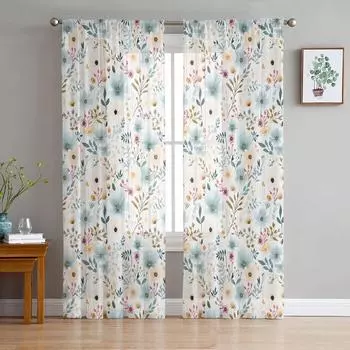 Тюлевые шторы на окно с цветами и растениями для гостиной, кухни, рождественский домашний декор, прозрачные шторы из вуали 135W x 114H(cm)