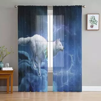 Тюлевые шторы «Полная луна и волк» для гостиной с принтом, прозрачная вуаль, занавеска для спальни, оконные шторы, жалюзи, домашний декор W135 x H115cm x1