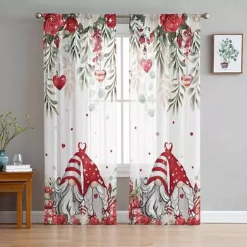 Тюлевые шторы «Роза Любовь Гном» на день Святого Валентина для гостиной, прозрачные занавески для спальни, кухни, жалюзи, вуаль, шторы 135W x 114H(cm)
