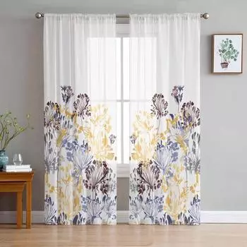 Тюлевые шторы с акварельным цветком и одуванчиком для гостиной, прозрачные занавески для спальни, кухни, жалюзи, вуаль, шторы 135W x 114H(cm)